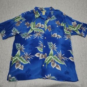 Islander Mens Blue Tropical Palm Leaf Print Rayon Hawaiian Camp Shirt Large